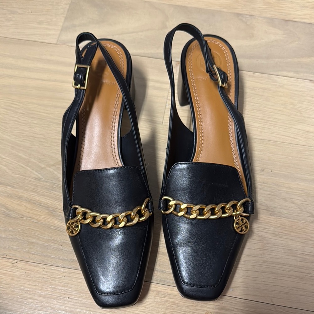 Black Tory Burch Leather Slingback Loafers with Gold Chain
